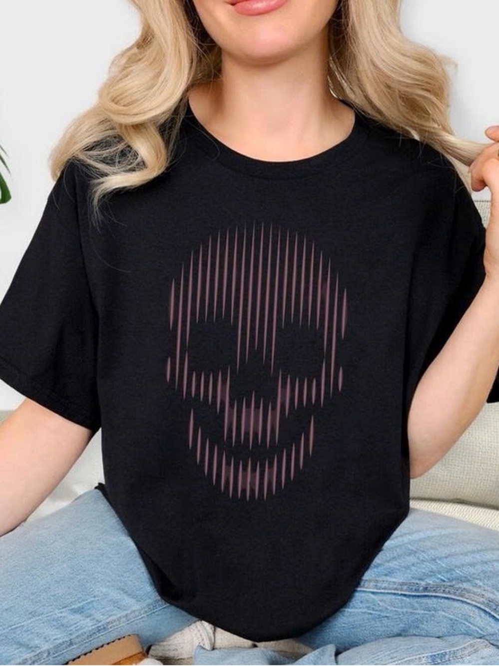 Black Tee with Pink Stripe Skull Graphic